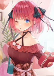 Rule 34 | 1girl, bag, bare shoulders, black ribbon, blue eyes, blunt bangs, blush, breasts, brown skirt, butterfly hair ornament, checkered clothes, checkered skirt, cleavage, collarbone, dress, frilled dress, frills, gift, go-toubun no hanayome, hair ornament, handbag, heart, highres, holding, holding gift, indoors, large breasts, looking at viewer, nakano nino, omaru (0marufestival), one eye closed, parted lips, pink hair, red shirt, ribbon, shirt, simple background, skirt, twintails, valentine