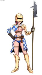 Rule 34 | 1girl, abs, armor, armored boots, belt, blue panties, boots, breasts, checkered clothes, checkered skirt, collared vest, couter, covered face, detached sleeves, elbow pads, female knight, full body, gauntlets, gloves, greaves, halberd, hand on own hip, helmet, high collar, highres, holding, holding polearm, holding polearm, holding weapon, knight, leather belt, navel, nipples, nisetanaka, no bra, no pants, one breast out, open clothes, open skirt, open vest, original, panties, pauldrons, polearm, ponytail, red hair, rerebrace, sabaton, sallet, sharp teeth, shoulder armor, skirt, small breasts, solo, standing, teeth, thigh strap, topless, underwear, vambraces, vest, weapon, white background
