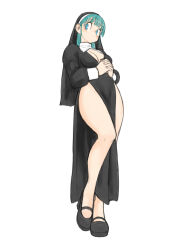 Rule 34 | 1girl, black dress, blue eyes, blue hair, breasts, bulma, closed mouth, dragon ball, dragon ball (classic), dress, full body, habit, high heels, highres, long hair, long sleeves, looking at viewer, medium breasts, nun, simple background, solo, toshinoshin, white background