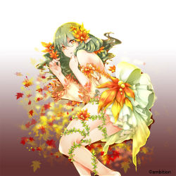 Rule 34 | 1girl, back, bare shoulders, barefoot, breasts, detached sleeves, flower, green hair, hair flower, hair ornament, himekiss, leaf, long hair, looking at viewer, lying, maru-kichi, official art, on side, orange eyes, pointy ears, small breasts, solo