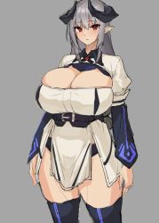 Rule 34 | 1girl, belt, black thighhighs, breasts, cleavage, closed mouth, dress, grey background, grey hair, horns, huge breasts, long hair, looking at viewer, obmas, original, pointy ears, red eyes, short dress, simple background, solo, thighhighs, white dress
