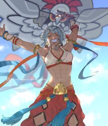 Rule 34 | 1girl, 91007, aqua hair, arms up, breasts, closed eyes, dagr (fire emblem), dagr (winds offered) (fire emblem), fire emblem, fire emblem heroes, highres, kite, large breasts, midriff, nintendo, smile, solo, upper body