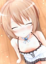 Rule 34 | 10s, 1girl, areola slip, blanc (neptunia), blush, breasts, brown hair, bubble, cleavage, downblouse, extended downblouse, closed eyes, from above, haru blanc0316, highres, jewelry, looking up, necklace, neptune (series), no bra, open mouth, shadow, short hair, small breasts, solo, sparkle