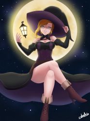 Rule 34 | 1girl, artist name, bare shoulders, boots, breasts, cleavage, cslucaris, detached sleeves, fire emblem, floating, full moon, glasses, glynda goodwitch, hat, high heel boots, high heels, lantern, large breasts, crossed legs, moon, nintendo, rwby, sky, solo, star (sky), starry sky, thighs, witch hat