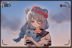 Rule 34 | 1girl, absurdres, animal ears, arknights, battery indicator, bear ears, blouse, blue eyes, blue hair, blue sky, braid, cloud, dated, flower, graykn, hair ornament, hands up, happy birthday, head wreath, highres, holding, holding stuffed toy, istina (arknights), long hair, looking at viewer, monocle, outdoors, red flower, shirt, sky, solo, star (symbol), star hair ornament, stuffed animal, stuffed toy, teddy bear, upper body, viewfinder, white shirt