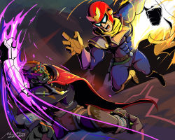 Rule 34 | 2boys, angry, battle, cape, captain falcon, clash, f-zero, fire, ganondorf, gloves, glowing, glowing eyes, hand up, jumping, magic, multiple boys, nintendo, open mouth, red cape, red hair, smug, sunglasses, super smash bros., the legend of zelda, the legend of zelda: ocarina of time, white eyes, wizard, yellow gloves