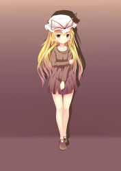 Rule 34 | 1girl, absurdres, aged down, alternate costume, bare legs, blush, brown dress, collarbone, dress, frown, full body, gradient background, gradient hair, hat, hat ribbon, highres, holding another&#039;s arm, holding own arm, long hair, looking at viewer, mob cap, multicolored hair, no socks, ribbon, shadow, shoes, solo, torn clothes, torn dress, touhou, xiaoyin li, yakumo yukari, yakumo yukari (young), yellow eyes