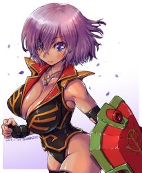 Rule 34 | 1girl, amania orz, blue eyes, breasts, cleavage, cowboy shot, dark-skinned female, dark skin, dated, eyes visible through hair, fate/grand order, fate (series), gloves, gradient background, gundam, gundam zz, hair between eyes, hair over one eye, jewelry, large breasts, leotard, mash kyrielight, name connection, necklace, purple eyes, shield, short hair, sleeveless, standing, tagme, white background