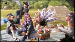 Rule 34 | 5girls, absurdres, ahri (league of legends), akali, animal ears, balloon, basket, black hair, blanket, blonde hair, blue eyes, bottle, bouquet, brown eyes, bug, butterfly, candy, crop top, crystal tail, crystal wings, cup, denim, denim shorts, evelynn (league of legends), facial mark, fedora, flower, food, fox ears, fruit, hair ornament, hairclip, hat, hat tip, high heels, highres, holding, holding candy, holding cup, holding food, hood, hood down, hoodie, insect, jing zhou, k/da (league of legends), kai&#039;sa, kneehighs, league of legends, lollipop, long hair, long skirt, looking at viewer, mouth hold, multicolored hair, multiple girls, one eye closed, park, parted lips, pencil skirt, picnic, picnic basket, purple eyes, purple hair, seraphine (league of legends), shoes, shorts, sitting, skirt, sneakers, socks, strawberry, teacup, teeth, the baddest ahri, the baddest akali, the baddest evelynn, the baddest kai&#039;sa, two-tone hair, upper teeth only, viewfinder, whisker markings, wine bottle, yellow eyes