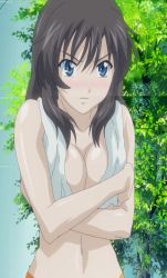 Rule 34 | 1girl, angry, bikini, black hair, blue eyes, blush, breasts, closed mouth, covering privates, covering breasts, highres, iseshima aya, long bangs, long hair, navel, orange bikini, plant, screencap, stitched, swimsuit, third-party edit, topless, towel, towel over breasts, watermark, zettai shougeki