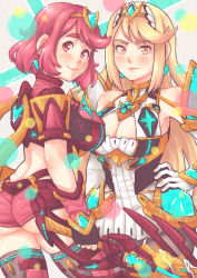 Rule 34 | 2girls, annoyed, ass, blonde hair, blush, breasts, cleavage, gloves, grin, hand on own hip, highres, looking at viewer, multiple girls, mythra (massive melee) (xenoblade), mythra (xenoblade), nintendo, pyra (xenoblade), red eyes, red hair, shorts, sidelocks, smile, super smash bros., sword, thighs, weapon, xenoblade chronicles (series), xenoblade chronicles 2, yellow eyes