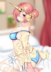 Rule 34 | 1girl, absurdres, ass, bandaged leg, bandages, bare shoulders, bikini, blue bikini, blue eyes, blurry, blurry background, blush, breasts, collarbone, detached sleeves, double bun, fate/apocrypha, fate/grand order, fate (series), frankenstein&#039;s monster (fate), frankenstein&#039;s monster (swimsuit saber) (fate), frankenstein&#039;s monster (swimsuit saber) (first ascension) (fate), hair bun, hair ornament, hair over one eye, hairclip, highres, horns, jacket, nebusoku, off shoulder, pink hair, single detached sleeve, single horn, sitting, small breasts, solo, swimsuit, thighs, wariza, yellow jacket