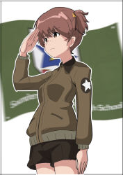 Rule 34 | 1girl, alisa (girls und panzer), black border, black shorts, blurry, blurry background, border, brown eyes, brown hair, brown jacket, closed mouth, commentary, cowboy shot, emblem, freckles, frown, girls und panzer, hair ornament, jacket, long sleeves, looking to the side, mal (malmlamal), military uniform, outline, salute, saunders (emblem), saunders military uniform, short hair, short twintails, shorts, solo, standing, star (symbol), star hair ornament, twintails, uniform, white outline