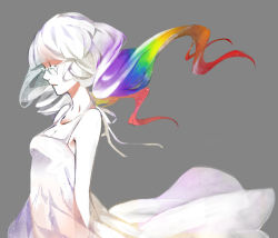Rule 34 | 10s, 1girl, bad id, bad pixiv id, black rock shooter, dress, closed eyes, glasses, multicolored hair, rainbow hair, solo, spot color, standing, takanashi yomi, tribute (tributism), white hair