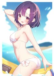 1girl absurdres ass banana_boat bikini blue_sky breasts brown_eyes butt_crack highres hiraga_matsuri idolmaster idolmaster_cinderella_girls looking_at_viewer medium_breasts ocean open_mouth outdoors purple_hair shiragiku_hotaru short_hair sky smile solo swimsuit water wet white_bikini