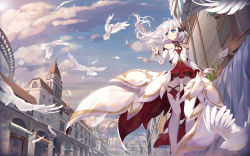 Rule 34 | 1girl, asa ni haru, bare shoulders, bird, blue eyes, blue sky, breasts, building, chinese commentary, city, closed mouth, cloud, commentary request, day, detached sleeves, dress, expressionless, feathers, floating hair, hair between eyes, hair ornament, hair over shoulder, highres, honkai (series), honkai impact 3rd, layered dress, long hair, looking away, low ponytail, outdoors, panties, photoshop (medium), see-through, sidelocks, sky, solo, storefront, theresa apocalypse, theresa apocalypse (celestial hymn), thighhighs, underwear, veil, white hair, white panties, white thighhighs, wind, wind lift