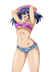 Rule 34 | 00s, 1girl, bare legs, bare shoulders, bashoku youjou, bath, blue hair, breasts, female focus, hair ornament, ikkitousen, large breasts, legs, looking at viewer, purple eyes, short twintails, shorts, solo, twintails