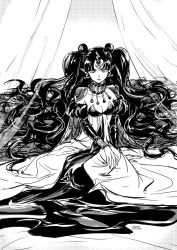 Rule 34 | 1girl, bishoujo senshi sailor moon, breasts, cleavage, crescent, crescent earrings, double bun, earrings, forehead jewel, full body, greyscale, highres, jewelry, lipstick, long hair, looking at viewer, makeup, monochrome, nehelenia (sailor moon), pointy ears, sakon04, sitting, solo, very long hair