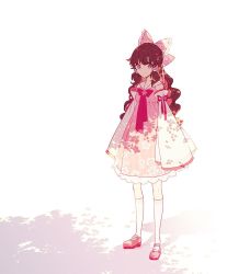 Rule 34 | 1girl, adapted costume, bow, bowtie, brown hair, cherry blossom print, commentary request, dappled sunlight, detached sleeves, dot mouth, dress, floral print, full body, hair bow, hair tubes, hakurei reimu, highres, kneehighs, korean commentary, long hair, long sleeves, mary janes, nr (cmnrr), pink bow, pink dress, print dress, red bow, red bowtie, red footwear, shoes, socks, solo, sunlight, touhou, wavy hair, white background, white socks, wide sleeves