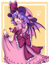 Rule 34 | 1girl, :d, bat wings, blush, bow, dress, fang, frills, hat, hat ribbon, highres, mob cap, open mouth, pink dress, puffy short sleeves, puffy sleeves, purple hair, red eyes, remilia scarlet, ribbon, short hair, short sleeves, skin fang, smile, solo, touhou, tsugomori (remilia0398), wings, wrist cuffs