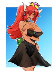 Rule 34 | 1girl, absurdres, arm under breasts, armlet, artist name, bare shoulders, black leotard, bowsette, bracelet, breasts, collar, covered erect nipples, covered navel, crown, dark areolae, dark skin, embarrassed, hair over one eye, highres, horns, jewelry, large breasts, leotard, mario (series), narrow waist, new super mario bros. u deluxe, nintendo, nipple slip, nipples, open mouth, outside border, picantium, ponytail, red hair, see-through, self-upload, sharp teeth, simple background, spiked bracelet, spiked collar, spikes, squatting, standing, strapless, strapless leotard, super crown, tail, teeth, turtle shell, wide hips, yellow eyes