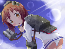 Rule 34 | 10s, 1girl, ass, backpack, bag, bent over, binoculars, blue sky, brown eyes, brown hair, chestnut mouth, day, dress, highres, kantai collection, lens flare, looking at viewer, looking back, makuran, open mouth, panties, personification, sailor dress, see-through, sky, solo, sun, underwear, white dress, white panties, yukikaze (kancolle)