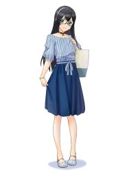 Rule 34 | 1girl, alternate costume, bag, black hair, blouse, blue shirt, blue skirt, casual, full body, glasses, green eyes, hairband, highres, kantai collection, long hair, long skirt, looking at viewer, mikan 29344886, ooyodo (kancolle), semi-rimless eyewear, shirt, simple background, skirt, solo, striped clothes, striped shirt, under-rim eyewear, vertical-striped clothes, vertical-striped shirt, white background, white hairband