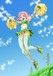 Rule 34 | 1girl, \o/, abs, arms up, cheerleader, day, grass, hajime (caramel toone), jumping, legs, original, outstretched arms, panties, pantyshot, pink eyes, pink hair, pom pom (cheerleading), power lines, shoes, short hair, sky, sneakers, solo, thighhighs, underwear, wavy hair, white panties