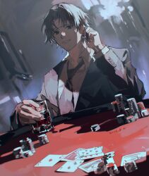 Rule 34 | 1boy, bandaged head, bandages, black eyes, black hair, black jacket, black necktie, black suit, calling, card, chrollo lucilfer, collared shirt, cup, dated, earrings, formal, highres, holding, holding cup, hunter x hunter, indoors, jacket, jewelry, male focus, mei ren, necktie, parted bangs, playing card, poker, poker chip, poker table, shirt, short hair, smile, solo, suit, table, upper body, white shirt