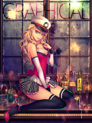 Rule 34 | 1girl, alcohol, aqua eyes, bar (place), bare shoulders, beads, between legs, black nails, black thighhighs, blonde hair, bottle, bow, breasts, broken glass, cleavage, cocktail, cocktail glass, counter, cup, detached sleeves, drinking glass, earrings, english text, eyelashes, eyeshadow, finger to mouth, food, frills, fruit, full body, gem, glass, grin, hand between legs, hat, head tilt, high heels, indoors, jewelry, lemon, lemon slice, leotard, lipstick, liquor, long hair, looking at viewer, makeup, mascara, medium breasts, miniskirt, nail polish, naughty face, necklace, ohagi (ymnky), on table, original, over-kneehighs, peaked cap, pearl necklace, red bow, red footwear, red leotard, red lips, reflection, shoes, showgirl skirt, sitting, skirt, smile, solo, star (symbol), stiletto heels, strapless, strapless leotard, striped clothes, striped skirt, stud earrings, table, text focus, thighhighs, thighs, tray, unworn jewelry, unworn necklace, vertical-striped clothes, vertical-striped skirt, wariza, wavy hair, window, wine bottle, wine glass, wrist cuffs