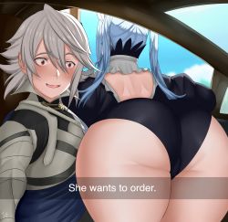 Rule 34 | 1boy, 1girl, absurdres, arcedo, armor, ass, ass focus, blue hair, blush, corrin (fire emblem), corrin (male) (fire emblem), english text, fake phone screenshot, fake screenshot, fire emblem, fire emblem fates, flora (fire emblem), from behind, grey hair, he wants to order (meme), highres, huge ass, long hair, looking down, maid, meme, nintendo, open mouth, panties, pointy ears, red eyes, shiny skin, short hair, smile, snapchat, thick thighs, thighs, twintails, underwear