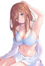 Rule 34 | 1girl, arm behind head, arm up, armpits, bare shoulders, blue bra, blue eyes, blue shorts, blush, bra, breasts, brown hair, cleavage, closed mouth, collarbone, commentary request, go-toubun no hanayome, hair between eyes, highres, large breasts, long hair, long hair between eyes, looking at viewer, nakano miku, navel, open clothes, shirt, shirt partially removed, short shorts, shorts, simple background, sitting, smile, solo, underwear, uyufuzi s, white background, white shirt, white shorts