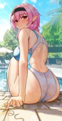 Rule 34 | 1girl, absurdres, ass, back, back cutout, bare legs, blue sky, blush, breasts, clothing cutout, commentary, competition swimsuit, day, drawing, elf, english commentary, from behind, hair between eyes, hairband, highres, knee up, large breasts, leaning forward, looking at viewer, looking back, medium hair, one-piece swimsuit, open mouth, original, pink hair, pointy ears, pool, poolside, red eyes, sitting, skindentation, sky, solar (happymonk), solo, swimsuit, thick thighs, thighs, turning head, writing
