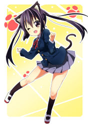 Rule 34 | 1girl, ;d, animal ears, bad id, bad pixiv id, black hair, blush, cat ears, cat tail, k-on!, kurou (quadruple zero), long hair, nakano azusa, one eye closed, open mouth, outline, paw print, pleated skirt, red eyes, school uniform, skirt, smile, solo, tail, twintails, wink