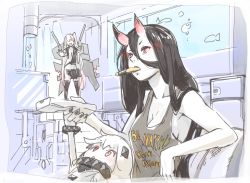 Rule 34 | 3girls, abyssal ship, aircraft carrier princess, alternate costume, battleship princess, black hair, black nails, black skirt, black tank top, breasts, cleavage, clothes writing, colored skin, commentary request, controller, fish, food, holding, horns, indoors, kantai collection, long hair, medium breasts, mouth hold, multiple girls, nail polish, northern ocean princess, one side up, pale skin, red eyes, remote control, senbei, sitting, sketch, skirt, stairs, tank top, tomamatto, torn clothes, white hair, white skin
