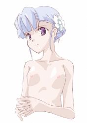 Rule 34 | 1girl, blue hair, breasts, collarbone, fin e ld si laffinty, flower, hair flower, hair ornament, highres, interlocked fingers, looking at viewer, nipples, nude, purple eyes, rinne no lagrange, short hair, simple background, small breasts, smile, tagme, white background