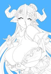 Rule 34 | 10s, 1girl, blue background, breasts, draph, eyelashes, female focus, gloves, granblue fantasy, hat, horns, huge breasts, ion (cation), izmir, long hair, looking at viewer, monochrome, pointy ears, simple background, solo
