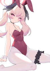 Rule 34 | 1girl, animal ears, bare shoulders, blue archive, blush, breasts, bridal garter, cleavage, closed mouth, collarbone, fake animal ears, hairband, halo, head wings, highres, koharu (blue archive), leotard, long hair, pantyhose, pink eyes, pink hair, playboy bunny, rabbit ears, red hairband, red leotard, rx7649, simple background, sitting, small breasts, solo, strapless, strapless leotard, wariza, white background, white pantyhose, wings, wrist cuffs