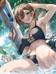 Rule 34 | 1boy, 2girls, arm up, armpits, bare arms, bare shoulders, bikini, black bikini, breasts, brown eyes, brown hair, daidou (demitasse), day, finger on trigger, grin, halterneck, hand on own head, highres, holding, kagamine len, kagamine rin, large breasts, looking at viewer, meiko (vocaloid), multiple girls, navel, outdoors, palm tree, short hair, sitting, smile, solo focus, stomach, string bikini, swimsuit, thighs, tree, vocaloid, water, water gun, wet