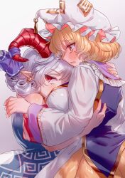 Rule 34 | 2girls, blonde hair, blush, bow, breasts, curly hair, dress, earrings, fox tail, hat, highres, horn ornament, horn ribbon, horns, hug, jewelry, large breasts, long sleeves, masanaga (tsukasa), mob cap, multiple girls, multiple tails, open mouth, pointy ears, red eyes, red horns, ribbon, sheep horns, short hair, short sleeves, simple background, tail, touhou, toutetsu yuuma, white hair, yakumo ran, yuri