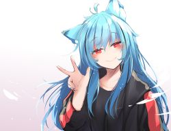 Rule 34 | 1girl, absurdres, black jacket, black shirt, blue hair, blush, closed mouth, copyright request, gradient background, hair between eyes, hand up, highres, jacket, kana616, kana (kana616), long hair, long sleeves, looking at viewer, open clothes, open jacket, purple background, red eyes, shirt, smile, solo, w, white background
