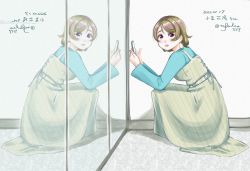 Rule 34 | 1girl, absurdres, aqua shirt, artist name, artist request, blush, breasts, brown hair, cellphone, female focus, from behind, full body, grey skirt, hair between eyes, highres, holding, holding cellphone, holding phone, koizumi hanayo, long sleeves, looking at viewer, looking back, love live!, love live! school idol project, miniskirt, mirror, nefielia, parted lips, phone, plaid, plaid skirt, pleated, pleated skirt, purple eyes, shirt, short hair, sideboob, skirt, smile, solo