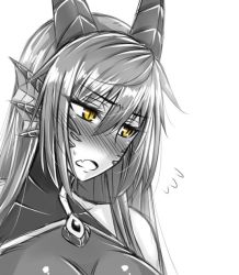 Rule 34 | 1girl, bare shoulders, blush, dragon (monster girl encyclopedia), dragon girl, embarrassed, fang, fins, flying sweatdrops, full-face blush, greyscale, head fins, horns, long hair, looking away, monochrome, monster girl, monster girl encyclopedia, open mouth, sanmoto gorouzaemon, scales, simple background, slit pupils, solo, spot color, sweatdrop, yellow eyes