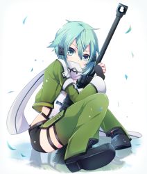 Rule 34 | 10s, 1girl, anti-materiel rifle, bad id, bad pixiv id, blue eyes, blue hair, bolt action, fingerless gloves, gloves, gun, pgm hecate ii, rifle, scarf, short hair, short shorts, shorts, sinon, sniper rifle, sword art online, sxupxdxxy, weapon