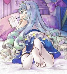 Rule 34 | 1girl, antennae, bed, blue-framed eyewear, blue eyes, blue hair, blue skirt, blush, bow, commentary request, feet, frilled pillow, frills, from behind, glasses, gradient hair, green hair, hairband, highres, hikari niji, indoors, jelly hoshiumi, legs up, long hair, mouth hold, multicolored hair, no shoes, notebook, on bed, panties, pen to mouth, phase connect, pillow, pleated skirt, purple bow, ringlets, shirt, skirt, soles, solo, star (symbol), thighhighs, toes, underwear, very long hair, virtual youtuber, white panties, white shirt, white thighhighs, yellow hairband