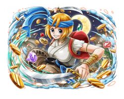 Rule 34 | 1girl, blue eyes, bracelet, coin, crescent moon, gem, gold, gold coin, grin, holding, holding sword, holding weapon, jewelry, koala (one piece), medium hair, moon, official art, one piece, one piece treasure cruise, orange hair, red gemstone, scimitar, smile, solo, sword, teeth, weapon