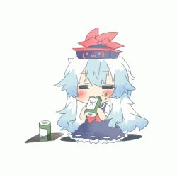 Rule 34 | 1girl, = =, animated, animated gif, blue hair, blush, eating, expressive clothes, closed eyes, female focus, hat, kamishirasawa keine, long hair, lowres, rebecca (keinelove), scroll, solo, touhou