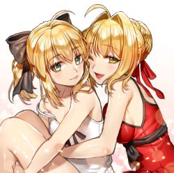 Rule 34 | 10s, 2girls, ;d, ahoge, armpits, artoria pendragon (all), artoria pendragon (fate), bare shoulders, blonde hair, blush, bow, breasts, camisole, closed mouth, fate/extra, fate/stay night, fate (series), green eyes, hair bow, hair intakes, hair ribbon, highres, large breasts, looking at viewer, multiple girls, nero claudius (fate), nero claudius (fate) (all), nero claudius (fate/extra), official alternate costume, one eye closed, open mouth, ponytail, ribbon, ruhee, saber (fate), saber (summer memory) (fate), saber lily, sideboob, sitting, smile, strap slip, yellow eyes