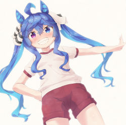 ahoge, animal ears, bangs, blue eyes, blue hair, blush, brown background, commentary request, dutch angle, eyebrows visible through hair, grin, gym shirt, gym shorts, gym uniform, hair between eyes, heterochromia, horse ears, long hair, outstretched arm, pu-en, puffy short sleeves, puffy sleeves, purple eyes, red shorts, sharp teeth, shirt, short shorts, short sleeves, shorts, simple background, smile, standing, teeth, thick eyebrows, twin turbo, twintails, umamusume, very long hair, white shirt