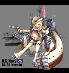 Rule 34 | 1girl, absurdres, armpits, belt, black panties, blonde hair, blue eyes, blush, breasts, cannon, cape, chain, character name, covered erect nipples, cowboy hat, dice, flag of the united states navy, full body, gloves, grin, gun, handgun, hat, heterochromia, highres, holding, holding gun, holding weapon, looking at viewer, machinery, mechanical arms, midriff, military, military vehicle, nevada (warship girls r), official art, panties, photo background, propeller, radar, red eyes, remodel (warship girls r), revolver, ship, single mechanical arm, sirills, smile, solo, star (symbol), teeth, text focus, thighhighs, thumbs up, trigger discipline, turret, underwear, uss nevada (bb-36), warship, warship girls r, watercraft, weapon, white cape, white gloves, white hat, white thighhighs